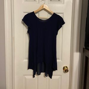 Navy blue tee with sheer back ruffles and trim
